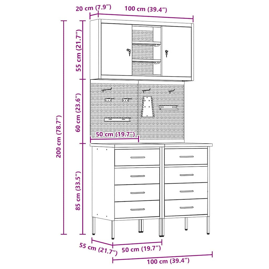 Werkbank Met Lade Met Slot 5 Pcs 100 X 55 X 200 Cm Staal Zwart 2x (85 cm)