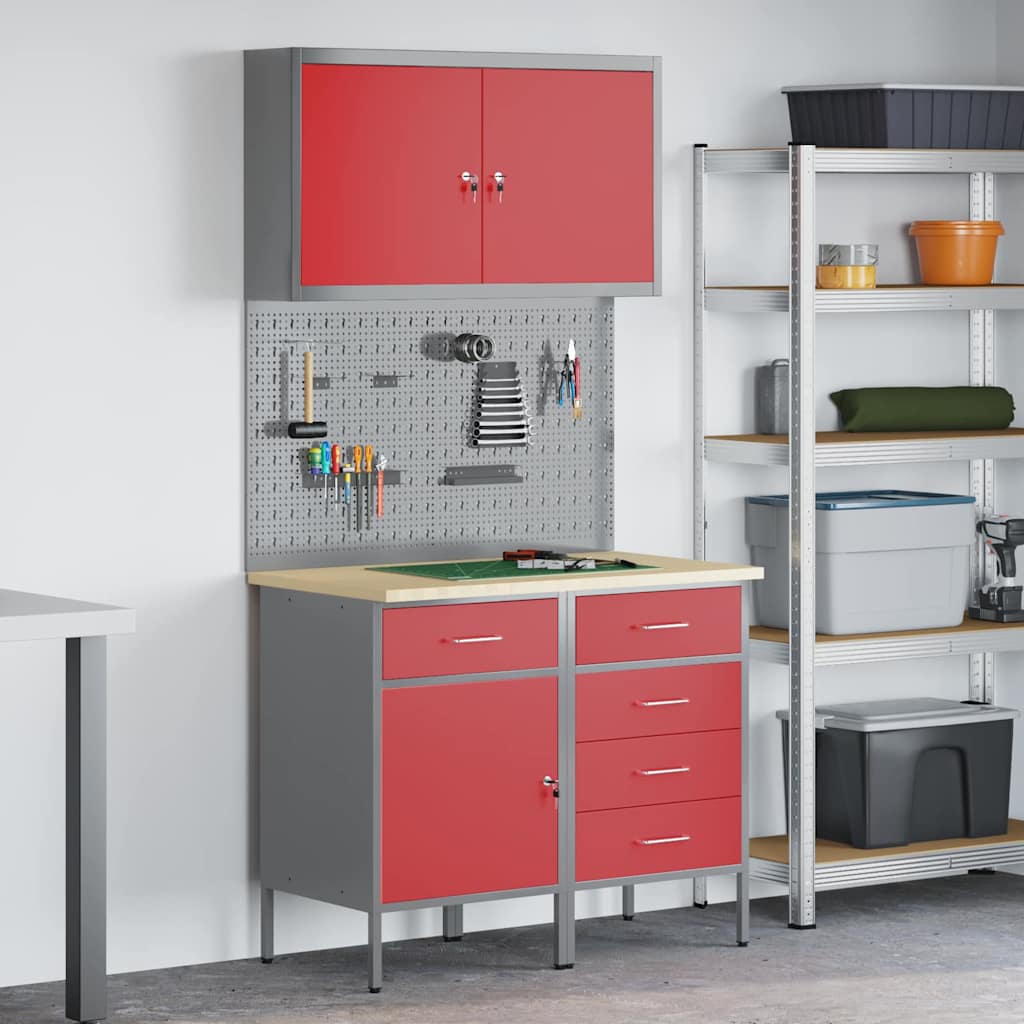 Werk kast met lade met slot 5 pcs Rood Engineered hout en staal
