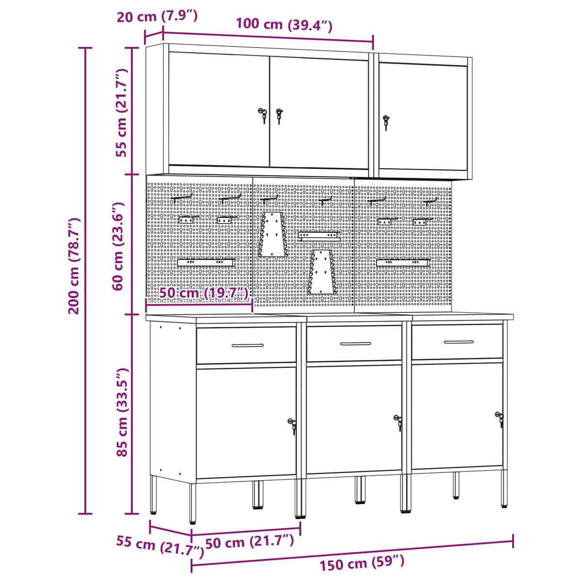 Werk kast met lade 8 pcs Zwart Engineered hout en staal