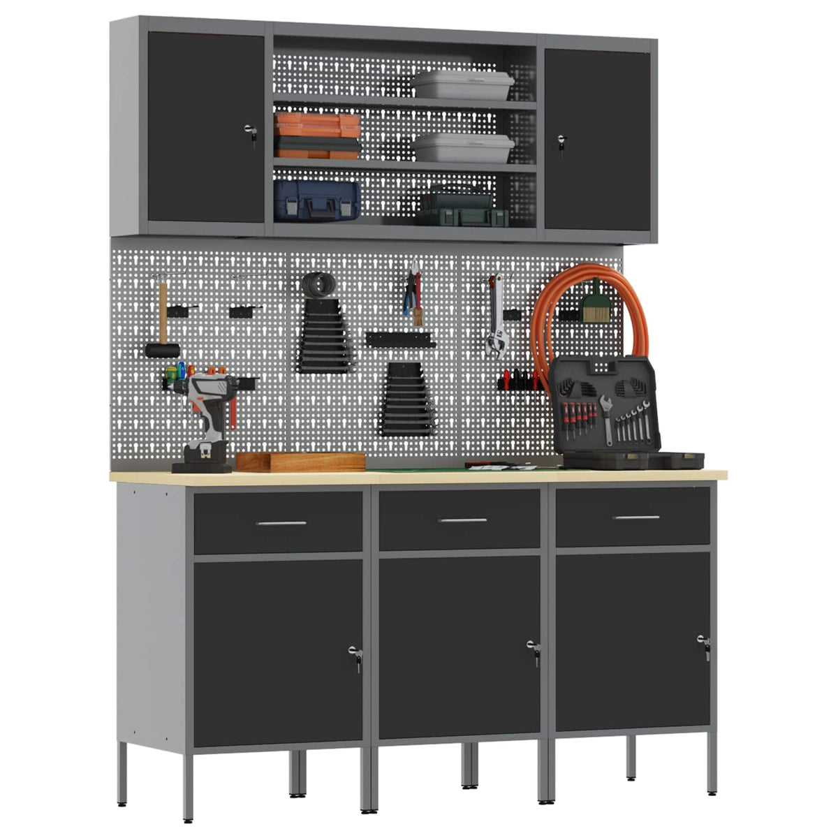 Werk kast met lade 7 pcs Zwart Engineered hout en staal