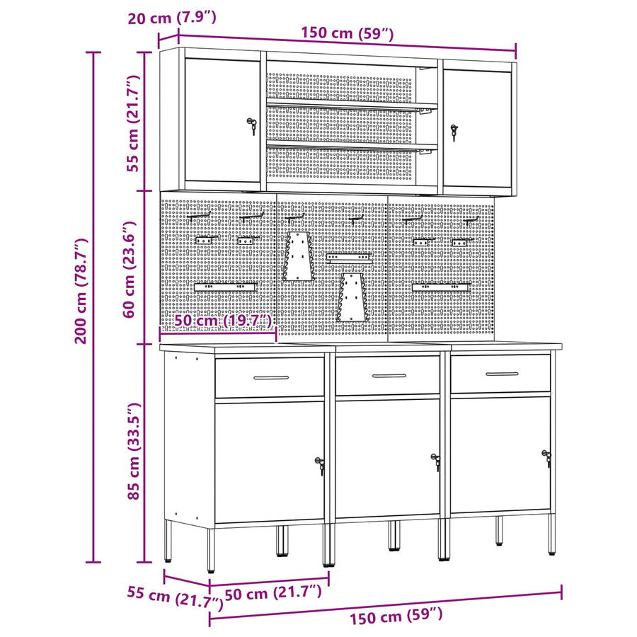 Werk kast met lade 7 pcs Zwart Engineered hout en staal