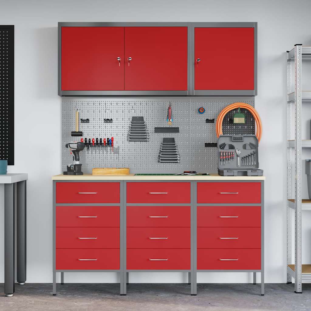 Werk kast met lade met slot 8 pcs Rood Engineered hout en staal