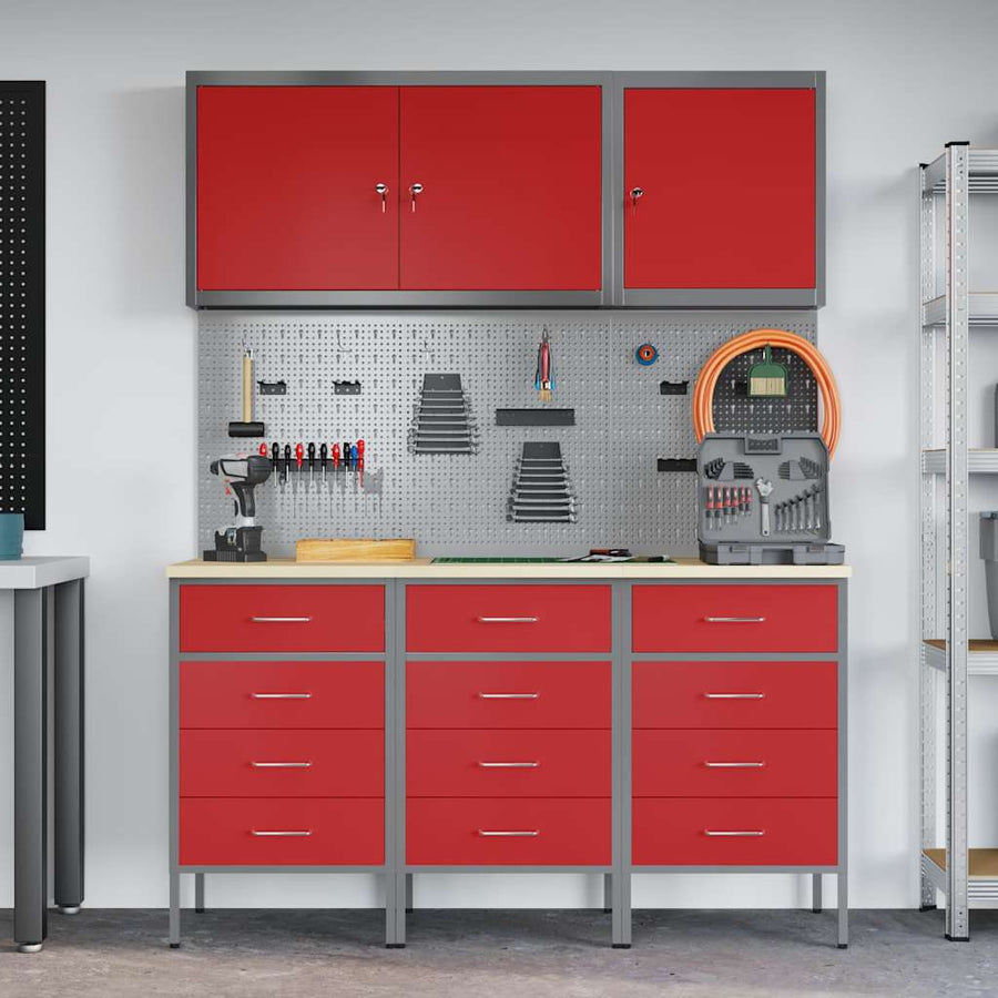 Werk kast met lade met slot 8 pcs Rood Engineered hout en staal