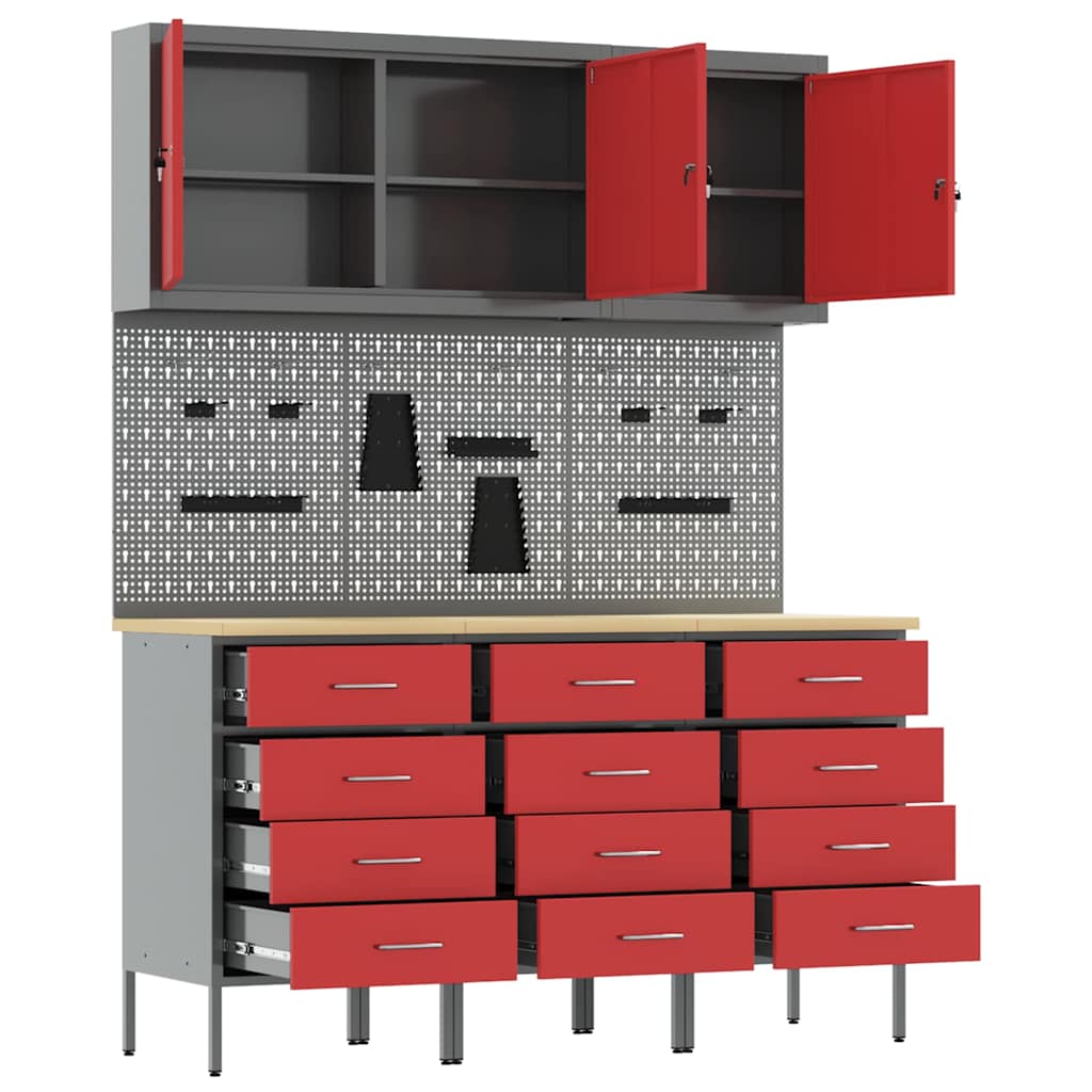 Werk kast met lade met slot 8 pcs Rood Engineered hout en staal