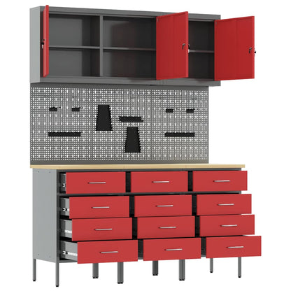 Werk kast met lade met slot 8 pcs Rood Engineered hout en staal