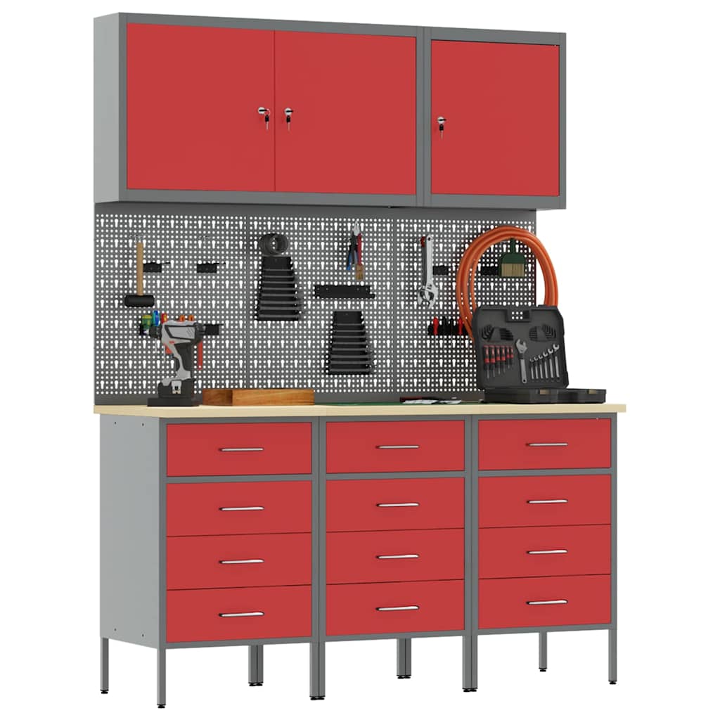 Werk kast met lade met slot 8 pcs Rood Engineered hout en staal