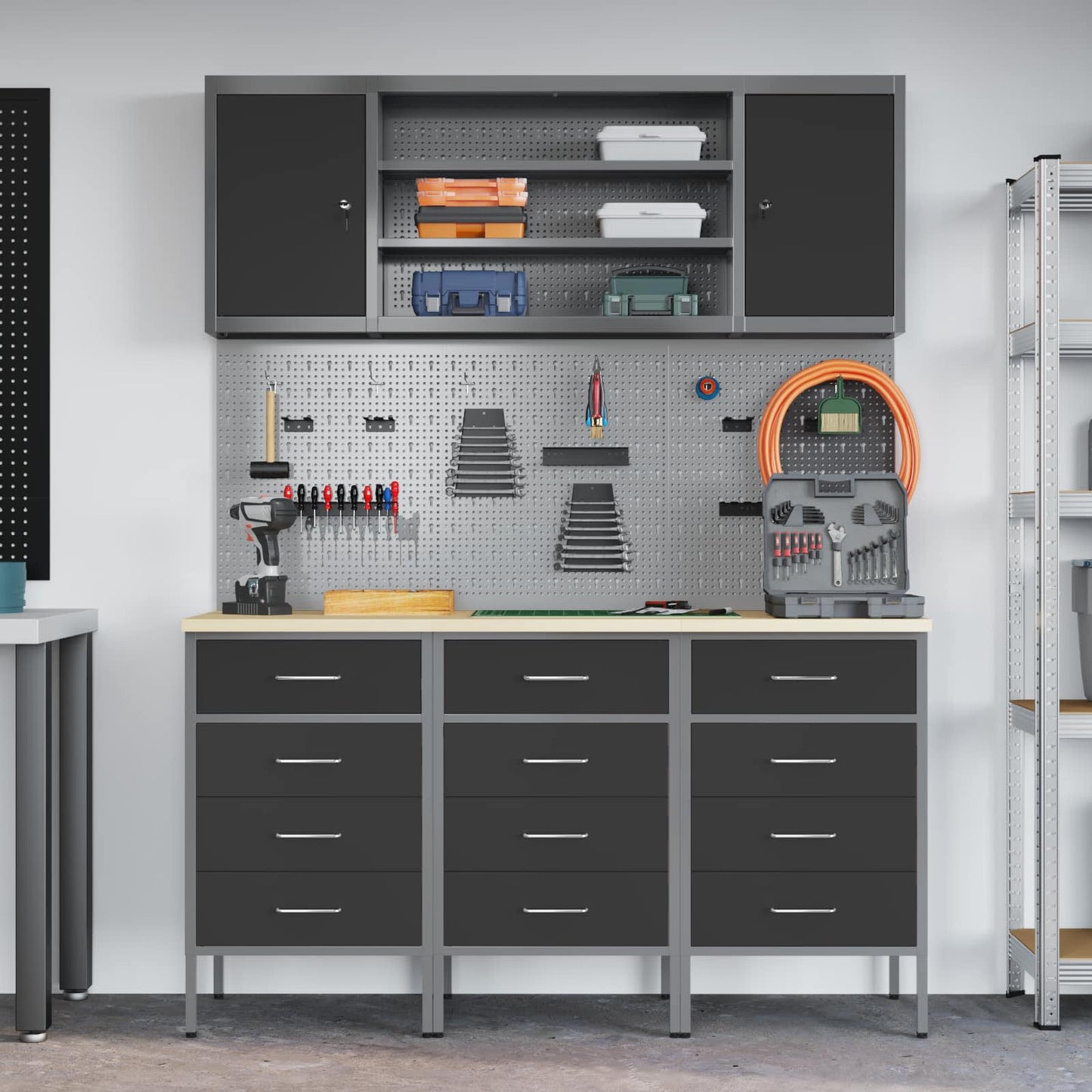 Werk kast met lade 7 pcs Zwart Engineered hout en staal