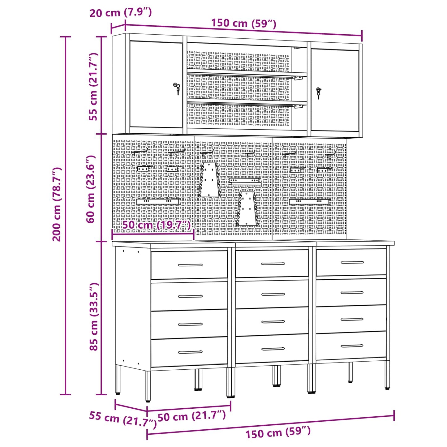 Werk kast met lade 7 pcs Zwart Engineered hout en staal
