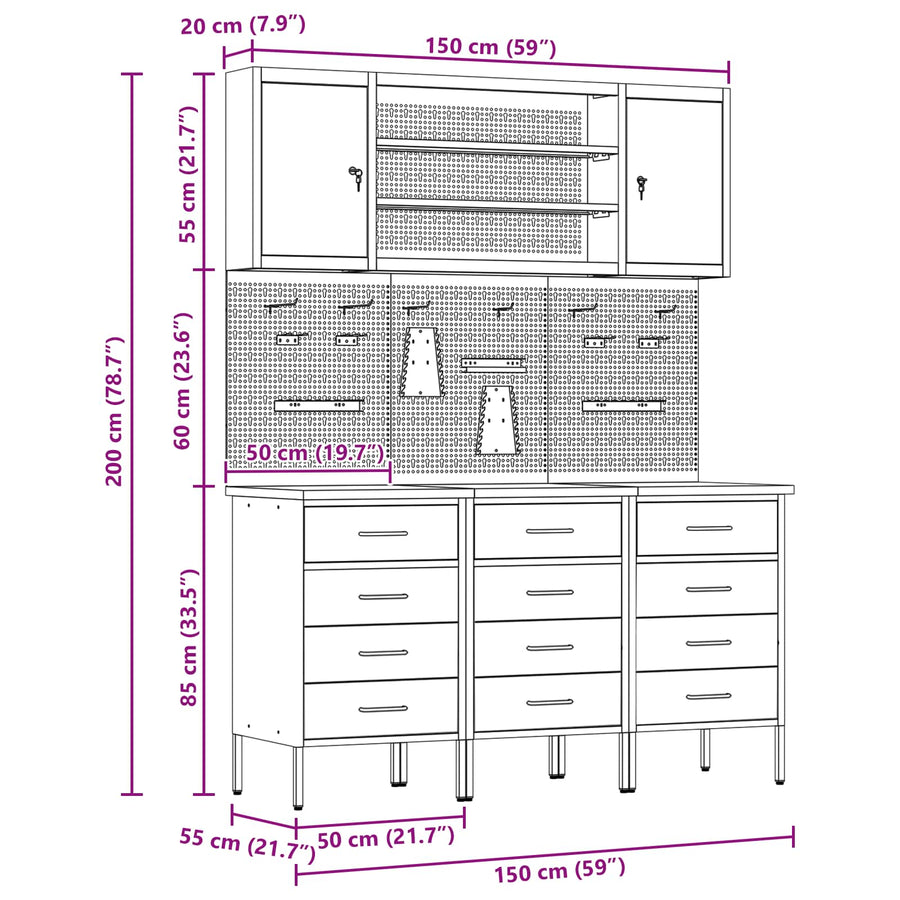 Werk kast met lade 7 pcs Zwart Engineered hout en staal