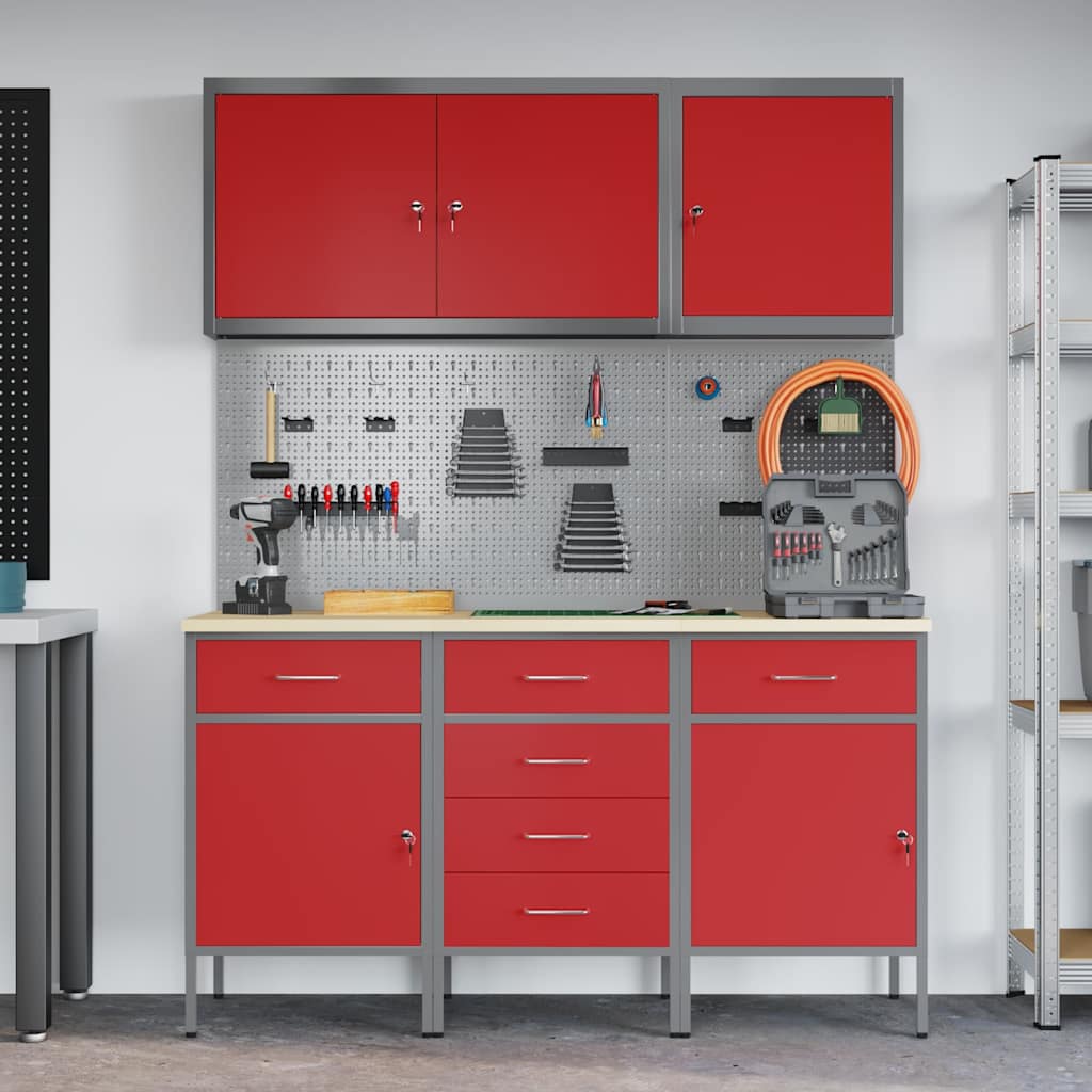 Werk kast met lade met slot 8 pcs Rood Engineered hout en staal