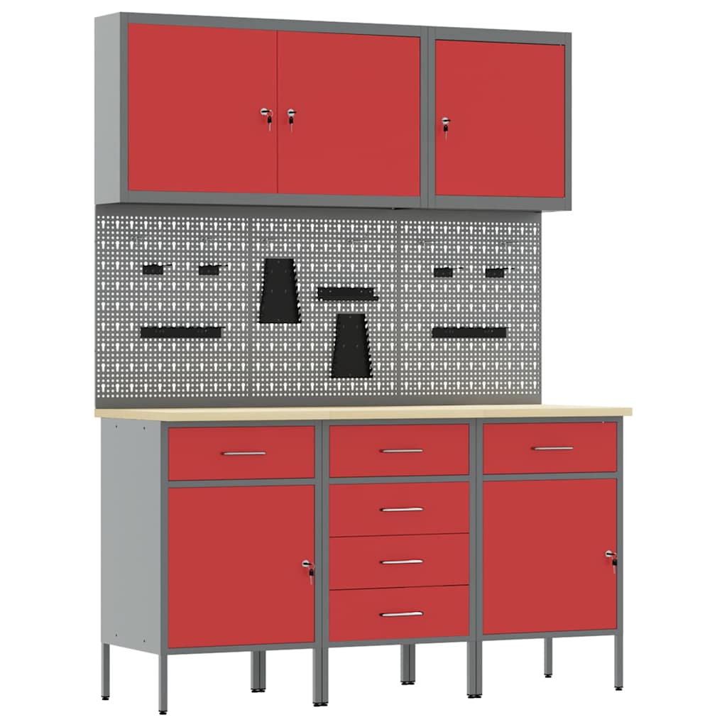 Werk kast met lade met slot 8 pcs Rood Engineered hout en staal