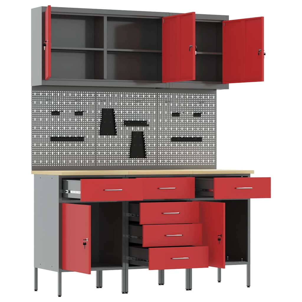 Werk kast met lade met slot 8 pcs Rood Engineered hout en staal