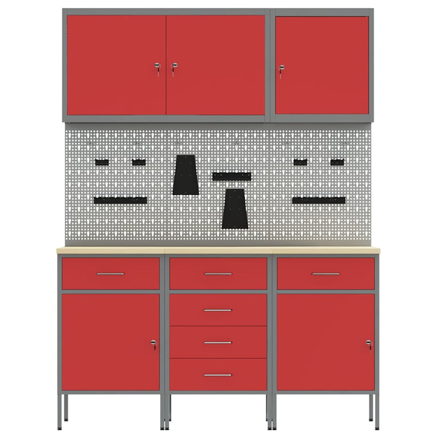 Werk kast met lade met slot 8 pcs Rood Engineered hout en staal