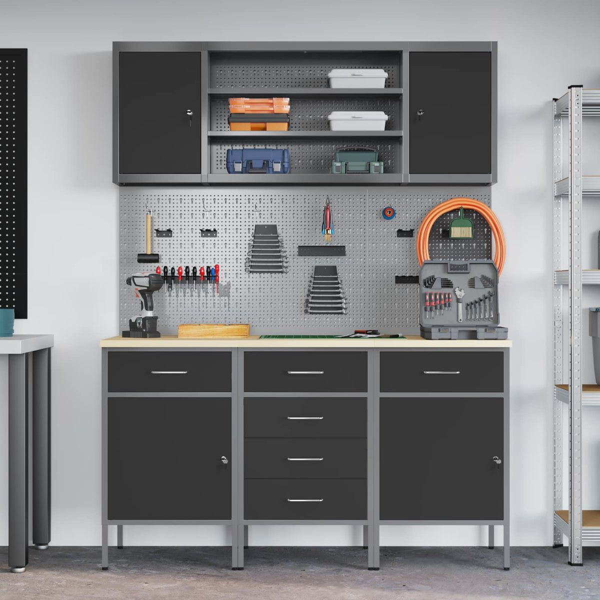 Werk kast met lade 7 pcs Zwart Engineered hout en staal