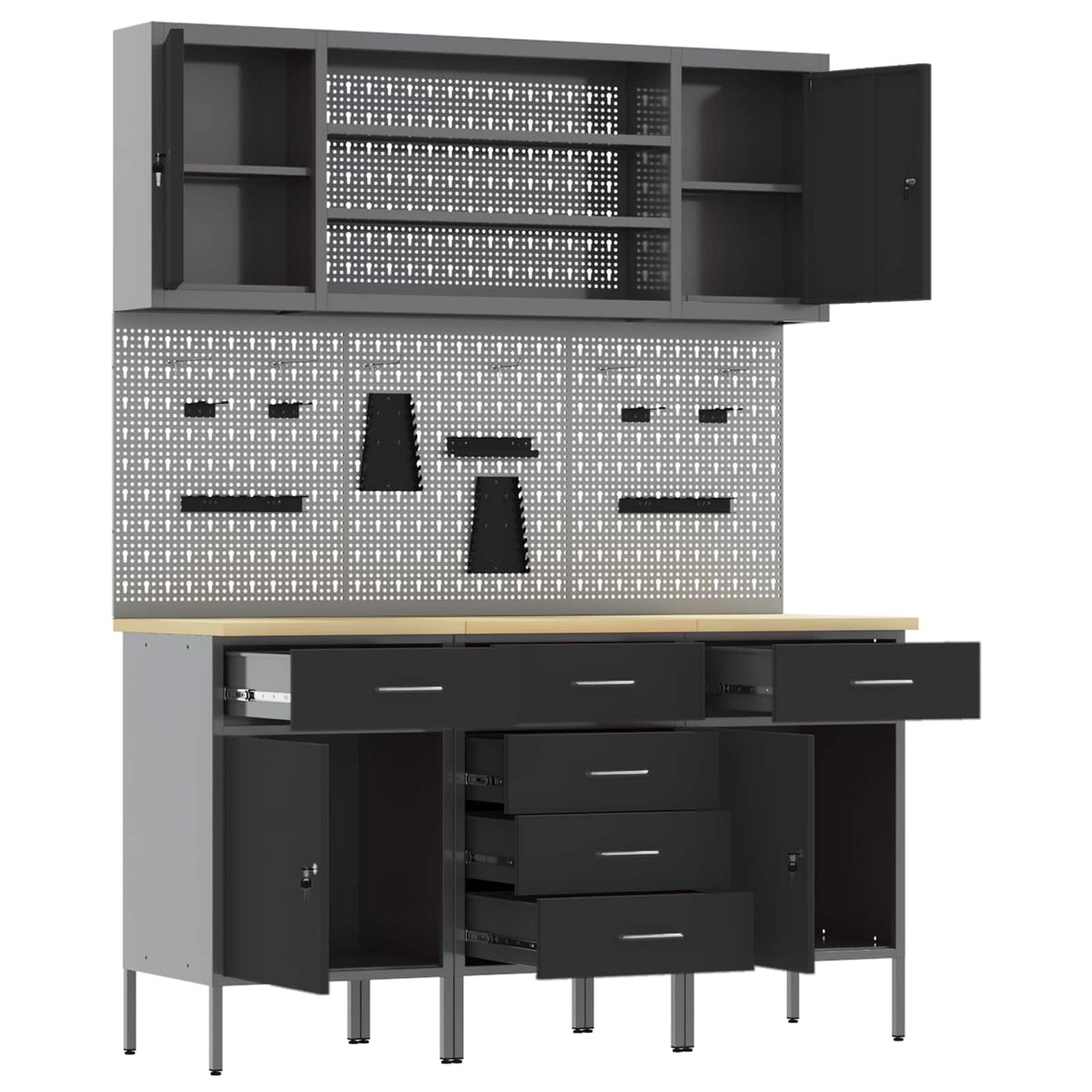 Werk kast met lade 7 pcs Zwart Engineered hout en staal
