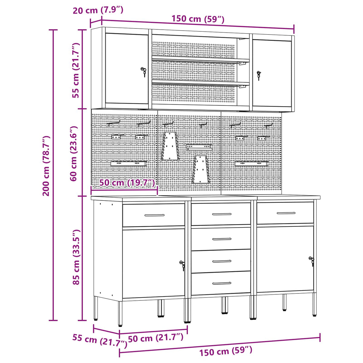 Werk kast met lade 7 pcs Zwart Engineered hout en staal
