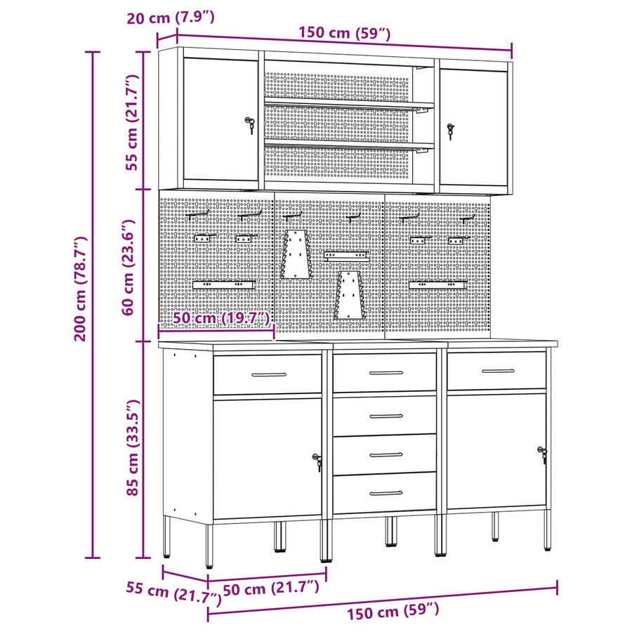 Werk kast met lade 7 pcs Zwart Engineered hout en staal