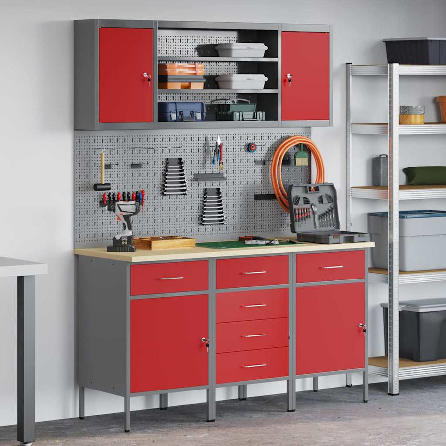 Werk kast met lade met plank 7 st Rood Engineered hout en staal