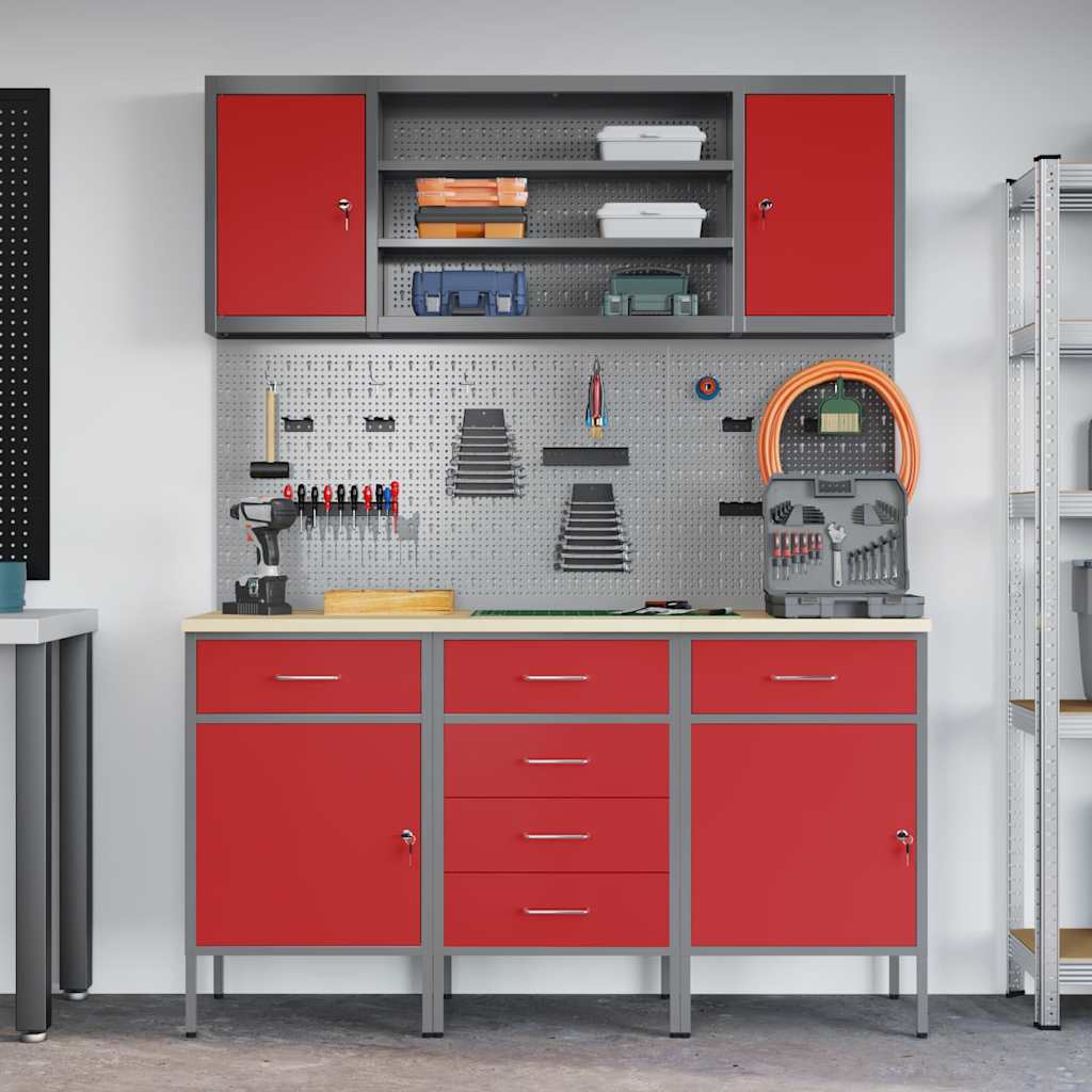 Werk kast met lade met plank 7 st Rood Engineered hout en staal