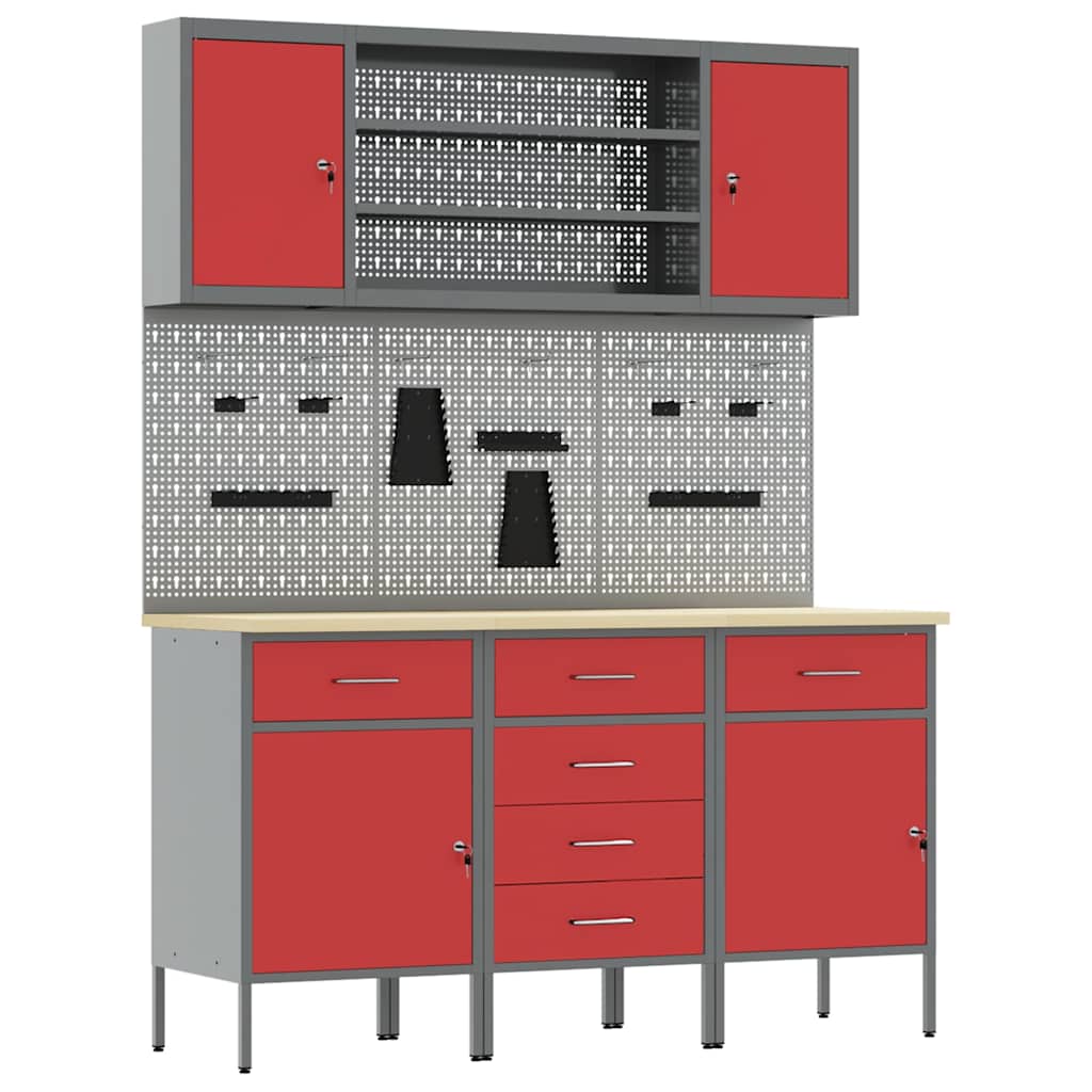 Werk kast met lade met plank 7 st Rood Engineered hout en staal