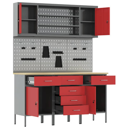 Werk kast met lade met plank 7 st Rood Engineered hout en staal