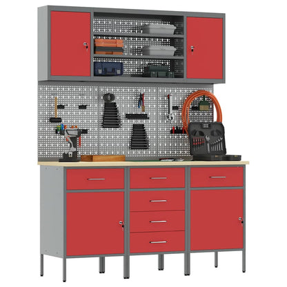 Werk kast met lade met plank 7 st Rood Engineered hout en staal