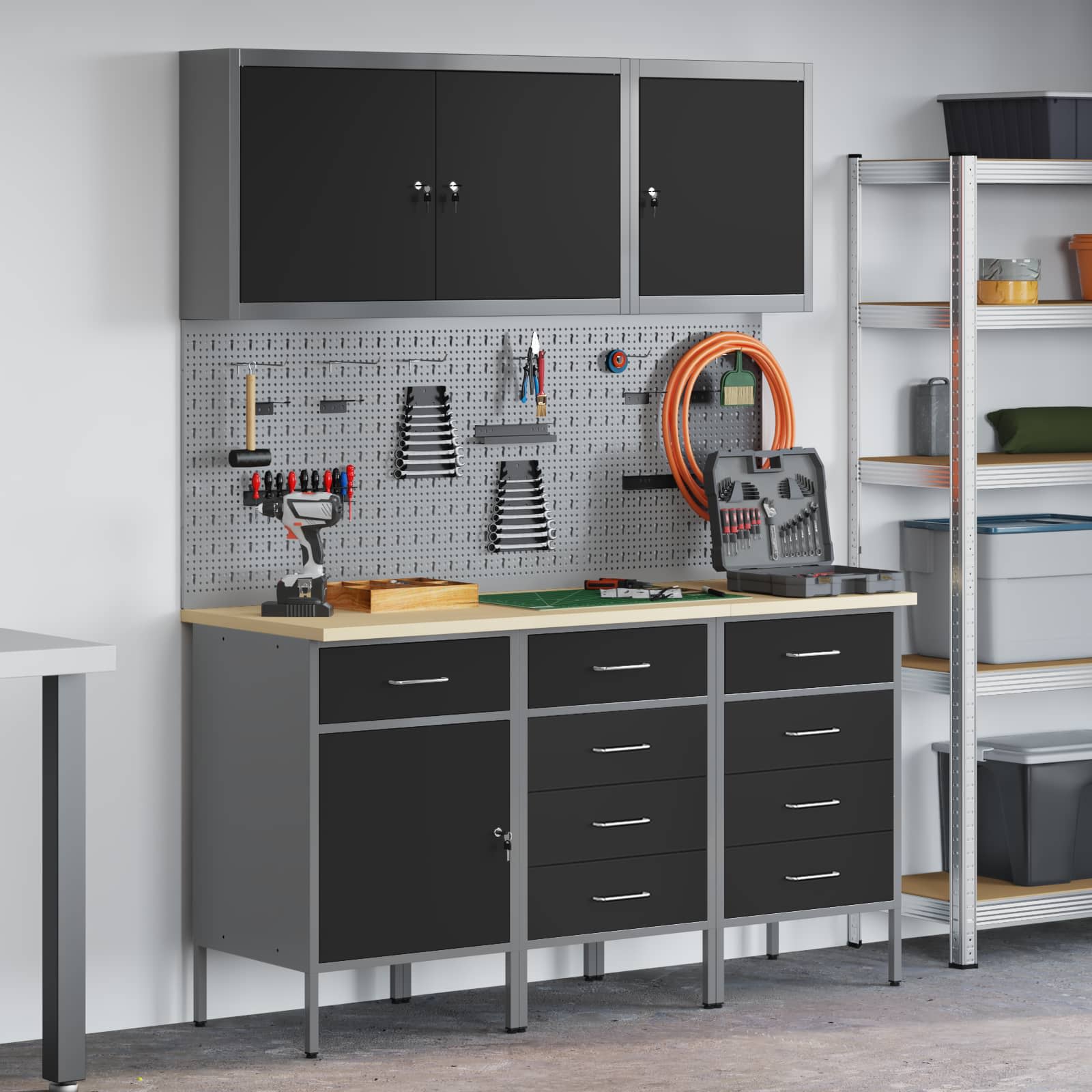 Werk kast met lade 8 pcs Zwart Engineered hout en staal