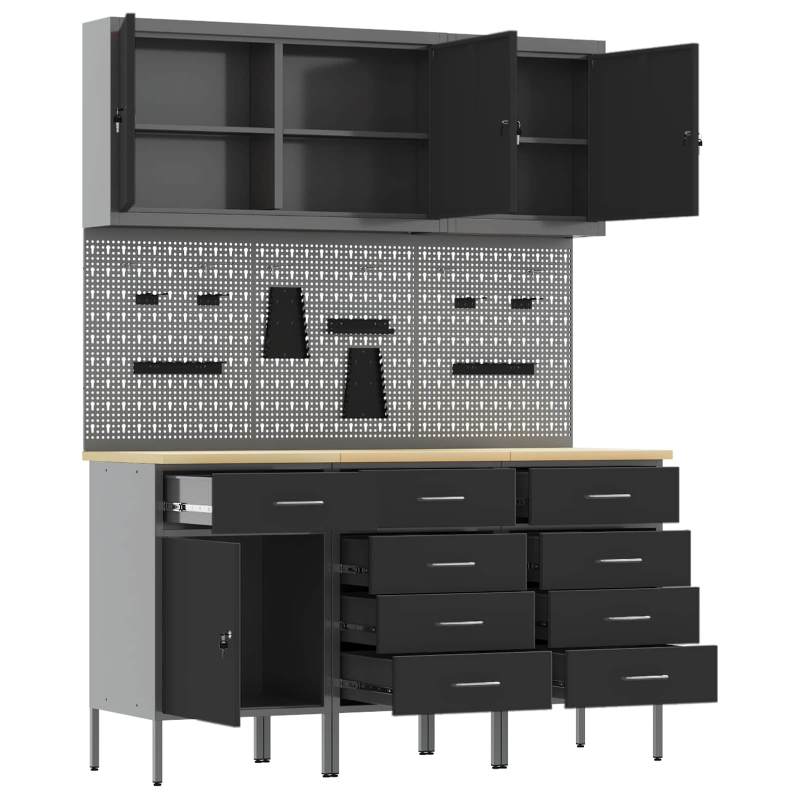 Werk kast met lade 8 pcs Zwart Engineered hout en staal