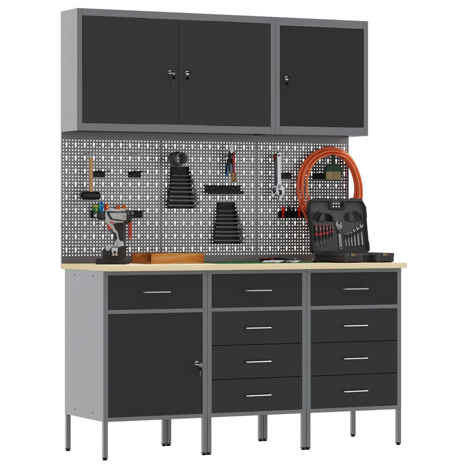 Werk kast met lade 8 pcs Zwart Engineered hout en staal