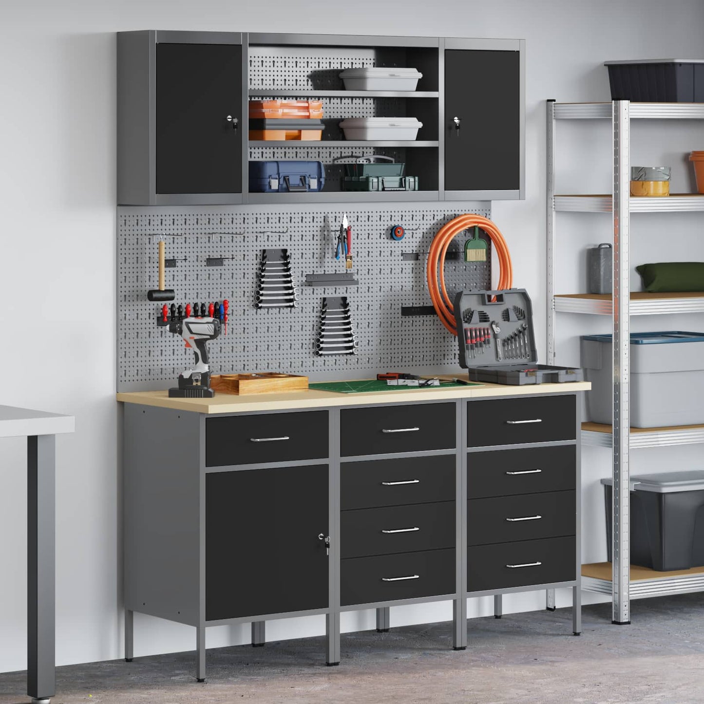 Werk kast met lade 7 pcs Zwart Engineered hout en staal