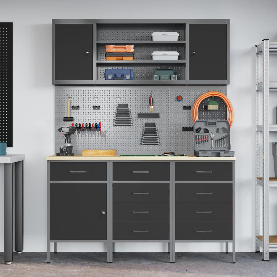 Werk kast met lade 7 pcs Zwart Engineered hout en staal