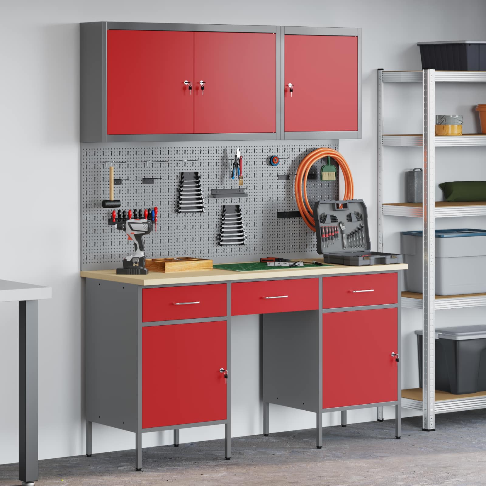 Werk kast met lade 10 pcs Rood Engineered hout en staal
