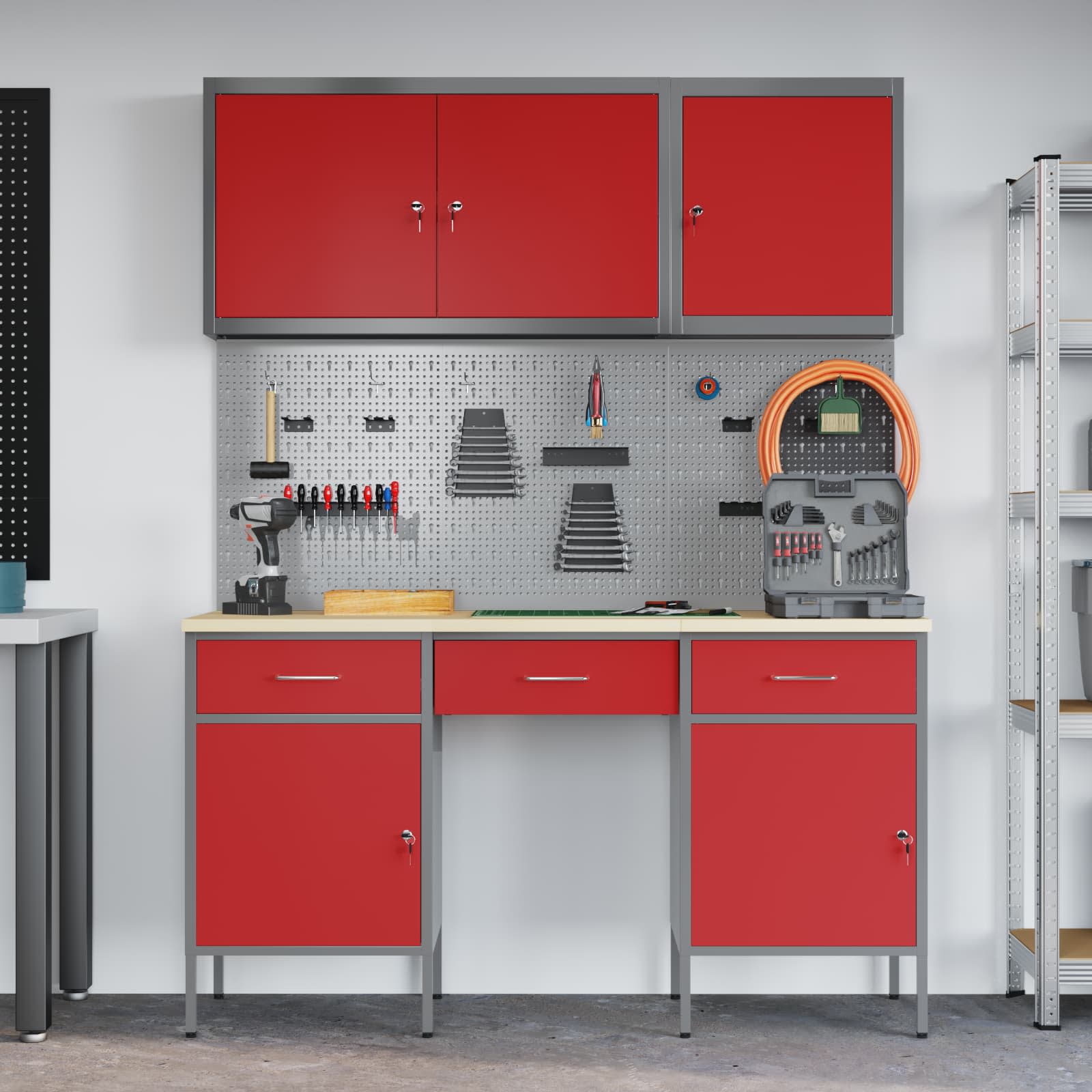 Werk kast met lade 10 pcs Rood Engineered hout en staal