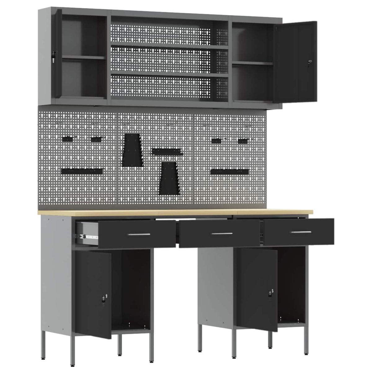 Werk kast met lade 10 pcs Zwart Engineered hout en staal