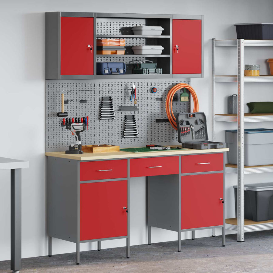 Werk kast 7 st Rood en Grijs Engineered hout en staal