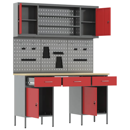 Werk kast 7 st Rood en Grijs Engineered hout en staal
