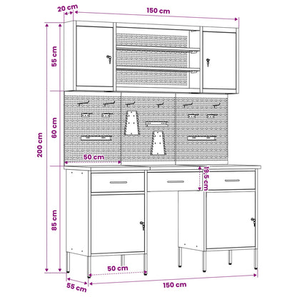 Werk kast 7 st Rood en Grijs Engineered hout en staal