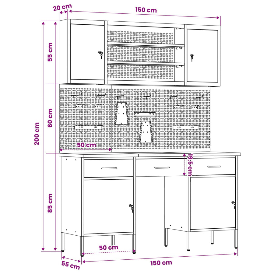 Werk kast 7 st Rood en Grijs Engineered hout en staal