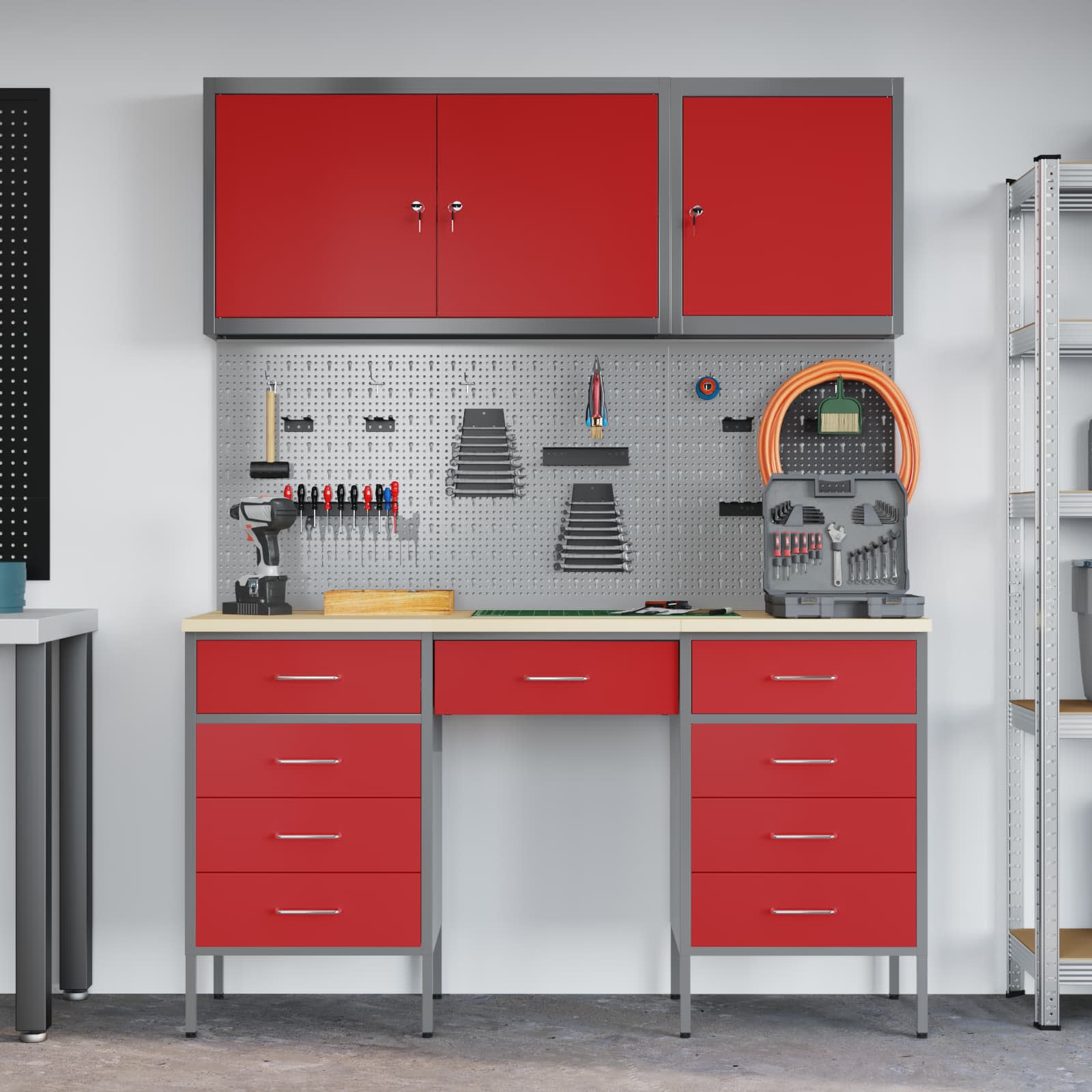 Werk kast met lade met slot 8 pcs Rood Engineered hout en staal