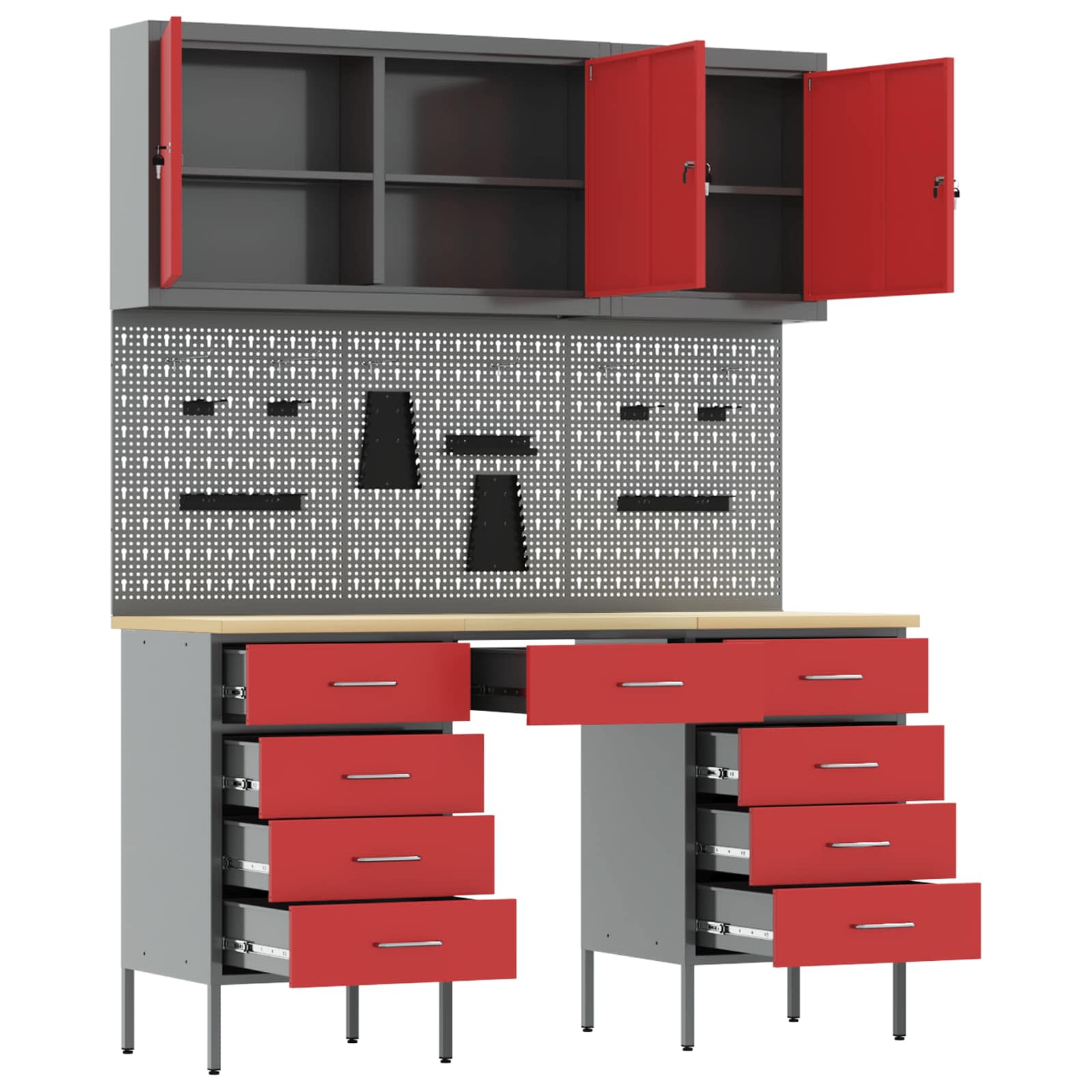 Werk kast met lade met slot 8 pcs Rood Engineered hout en staal