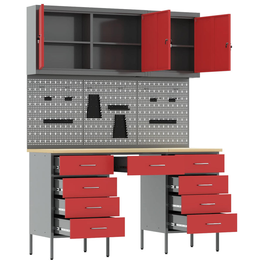 Werk kast met lade met slot 8 pcs Rood Engineered hout en staal