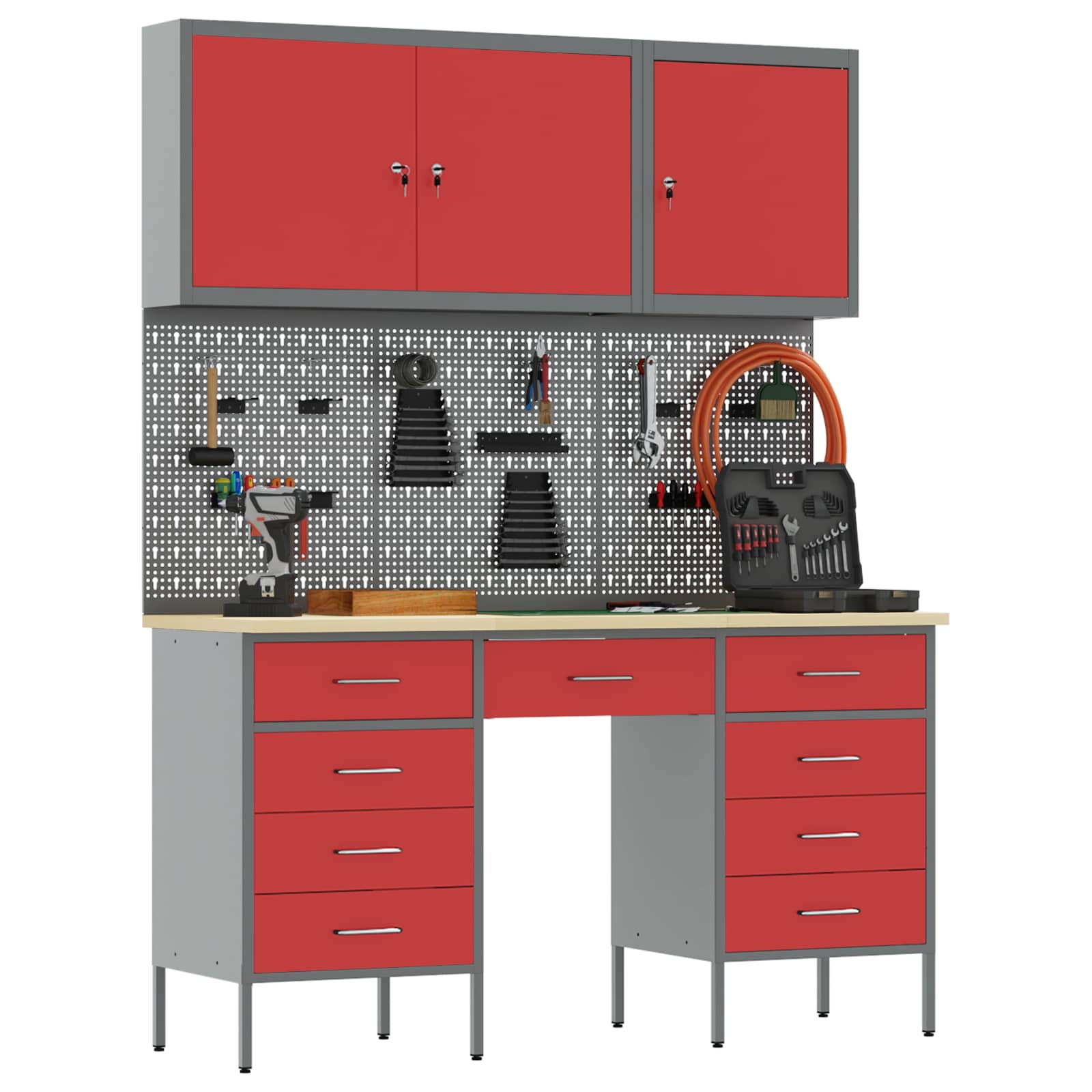 Werk kast met lade met slot 8 pcs Rood Engineered hout en staal