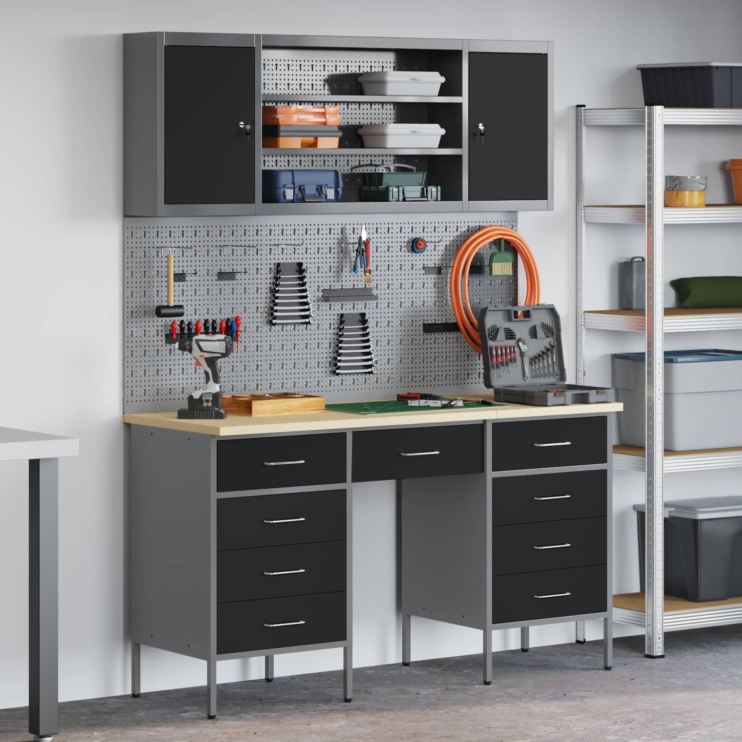 Werk kast met lade 8 pcs Zwart Engineered hout en staal