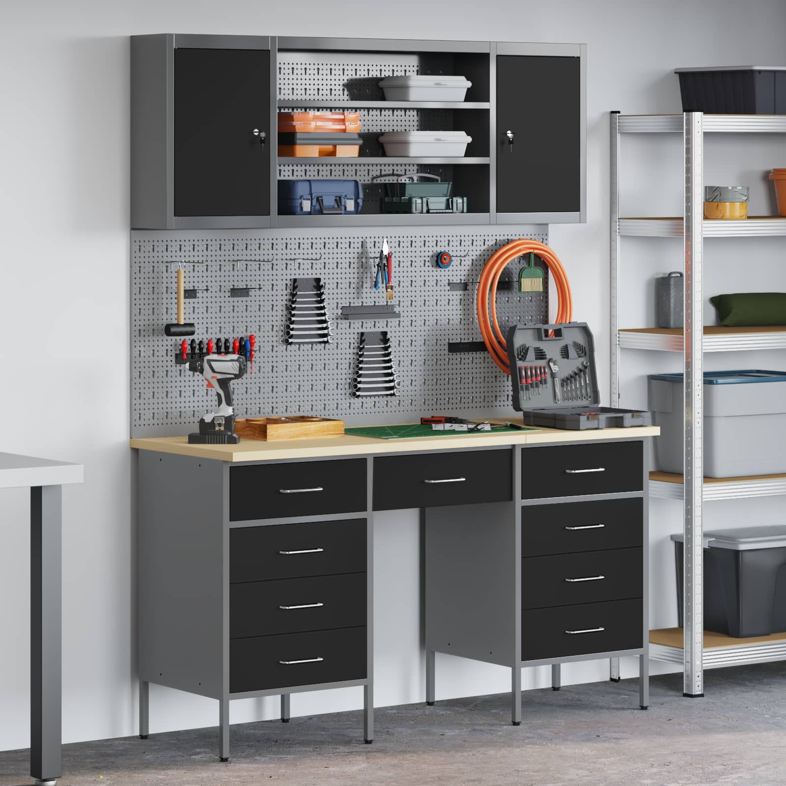 Werk kast met lade 8 pcs Zwart Engineered hout en staal