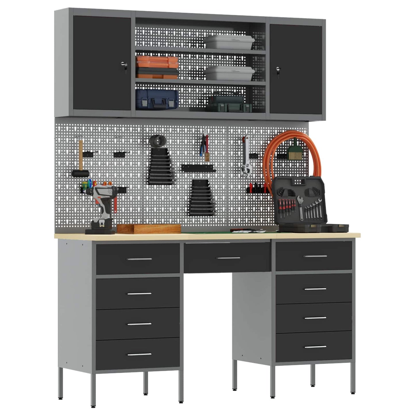 Werk kast met lade 8 pcs Zwart Engineered hout en staal