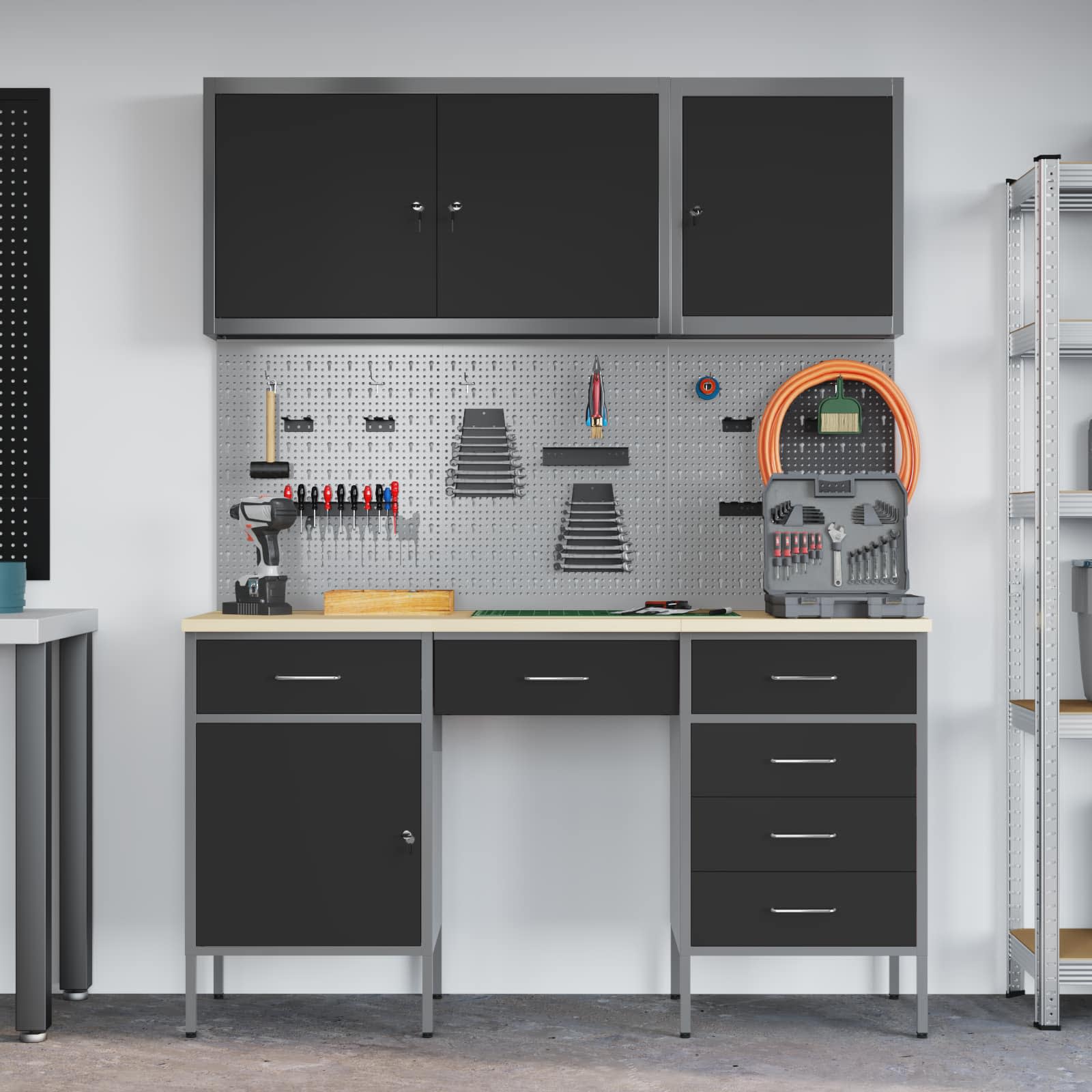 Werk kast met lade 8 pcs Zwart Engineered hout en staal