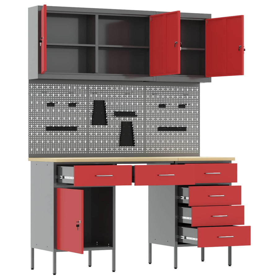 Werk kast met lade met slot 8 pcs Rood Engineered hout en staal