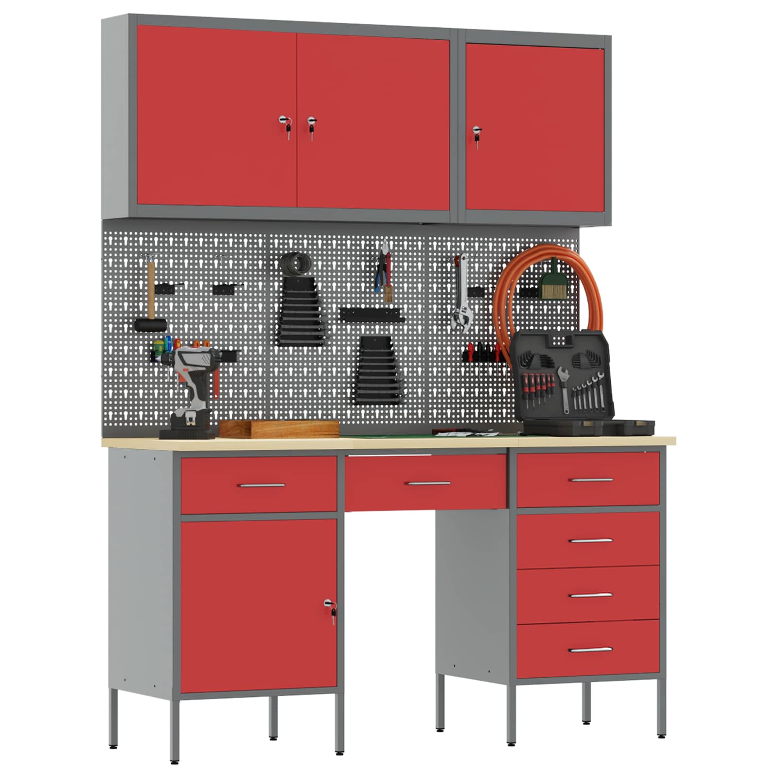 Werk kast met lade met slot 8 pcs Rood Engineered hout en staal
