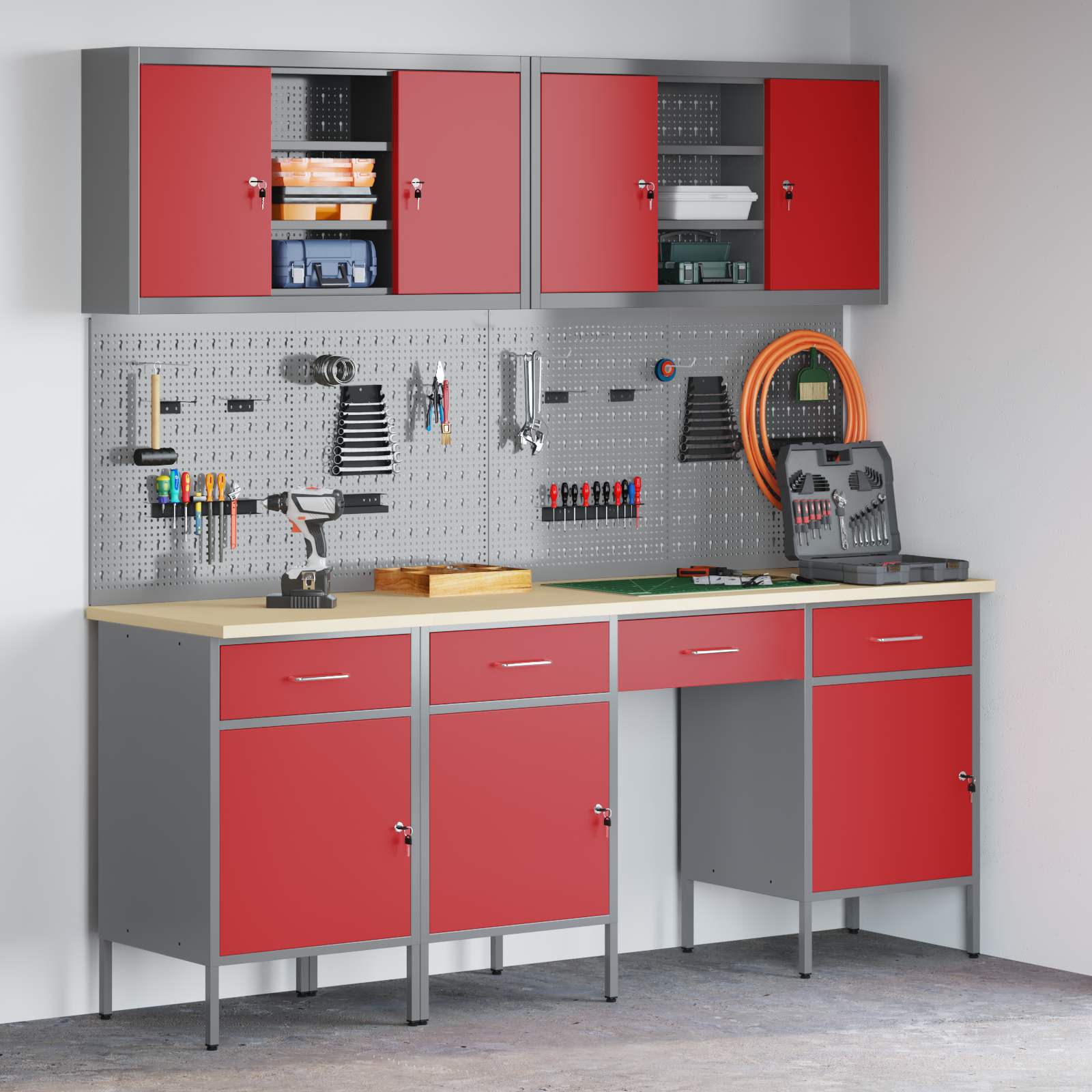 Werk kast met lade 10 pcs Rood Engineered hout en staal