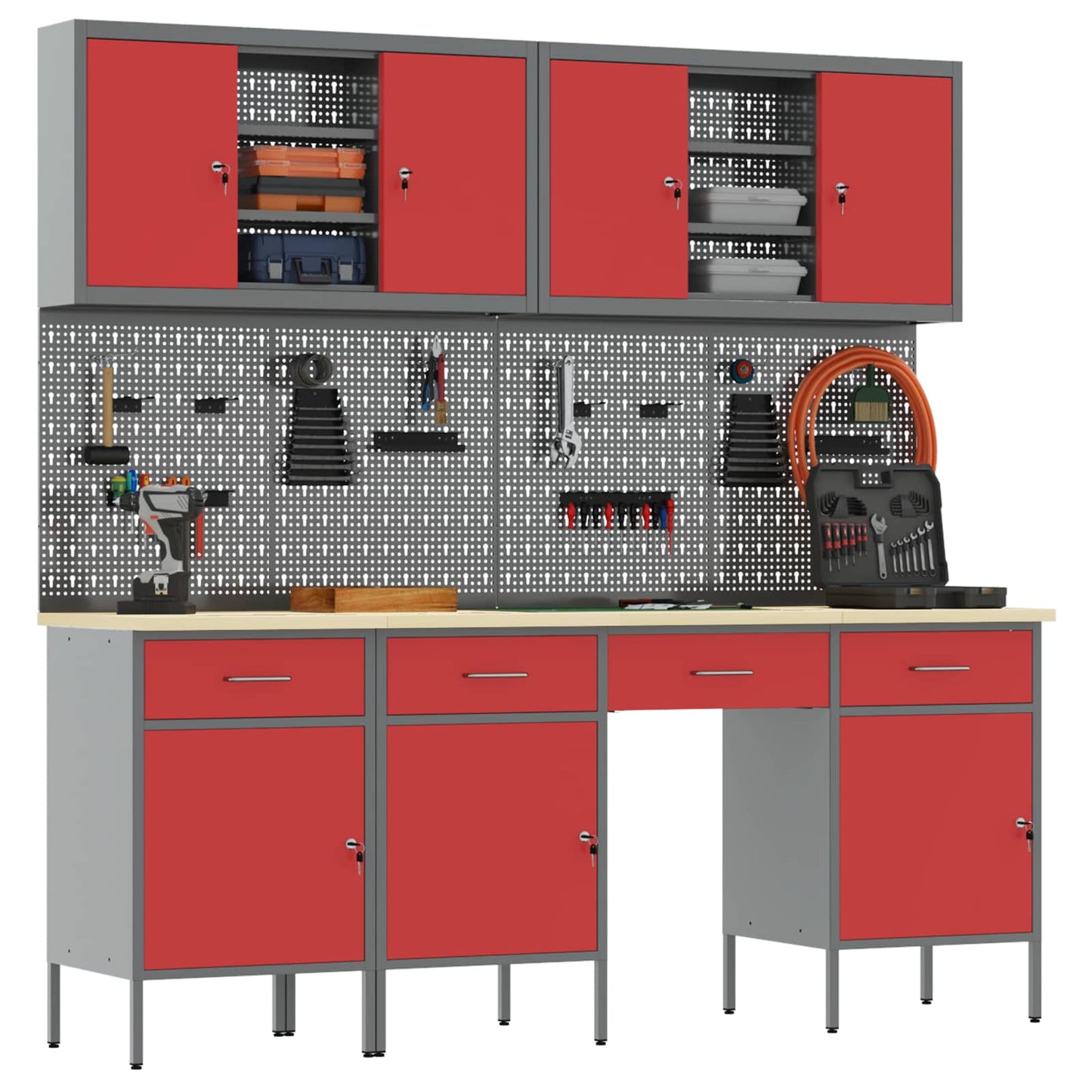 Werk kast met lade 10 pcs Rood Engineered hout en staal